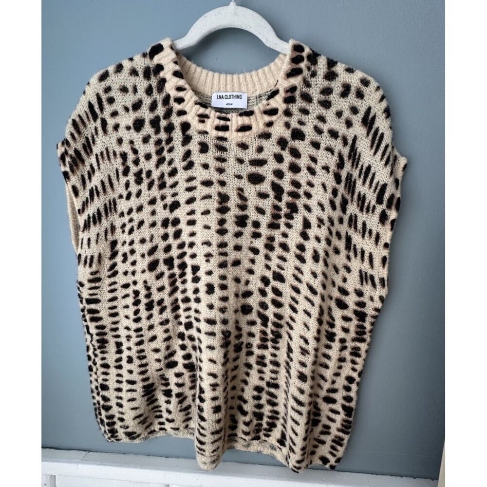 LNA CLOTHING WOMEN'S SHORT SLEEVE LIGHTWEIGHT SWEATER -CREAM BLACK CHEETAH -SZ M